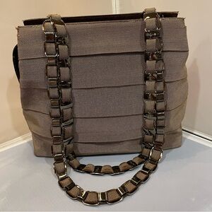 Salvatore Ferragamo Brown Textured Tote with Chain-Link Straps
